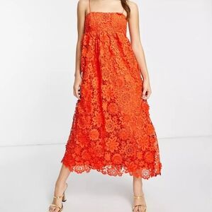 ASOS EDITION 3D Flower Floral Midi Orange Party Cocktail Dress Size 10